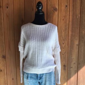 Womens boho fringe sleeve cream cotton sweater